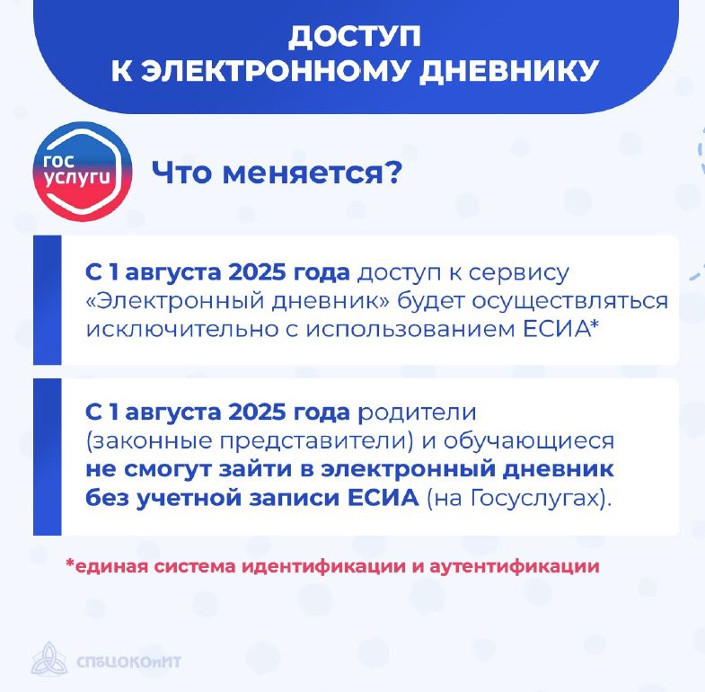 С 1 августа 2025 года вход в сервис «Электронный дневник» возможен только с использованием ЕСИА («Госуслуги»).